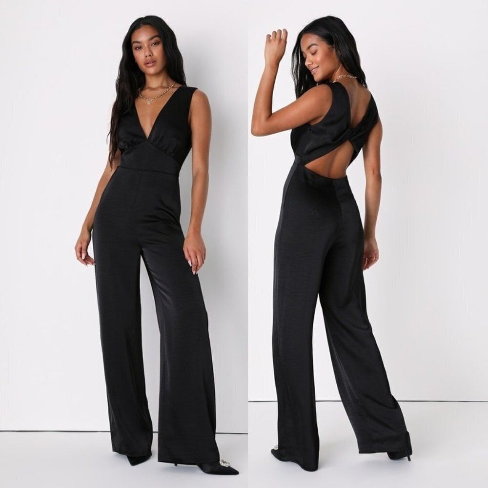 Lulu's Women Black Satin Twist-Back Cutout Wide-Leg Jumpsuit